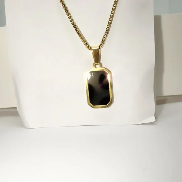 18K Gold Plated Stainless Steel Necklace Black Pendant - Picture 6 of 12